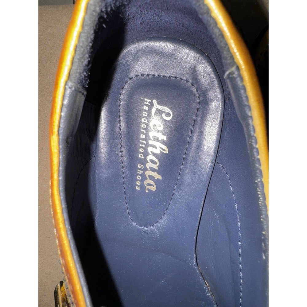 Lethato Wing Tip Oxford Brogue Shoes Men 9.5/10 Brown Navy Leather Lace Up - Picture 7 of 11
